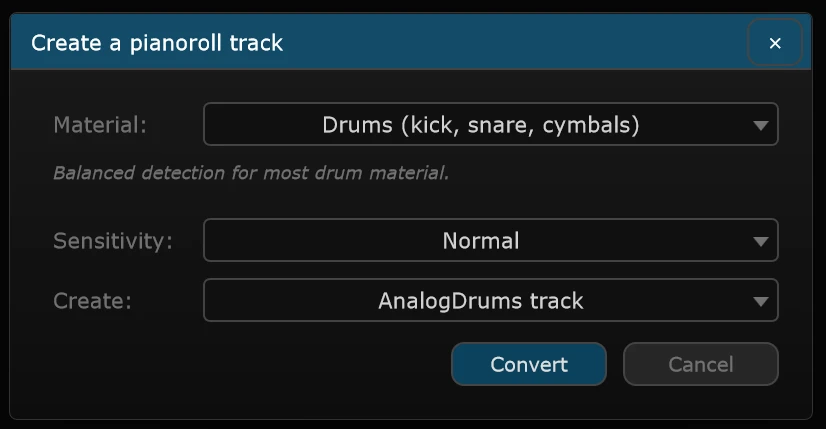 SANDYNE "Create a pianoroll track" dialog: a Material menu set to "Drums (kick, snare, cymbals)" with the note "Balanced detection for most drum material", a Sensitivity menu set to Normal, a Create menu set to "AnalogDrums track", and Convert and Cancel buttons.