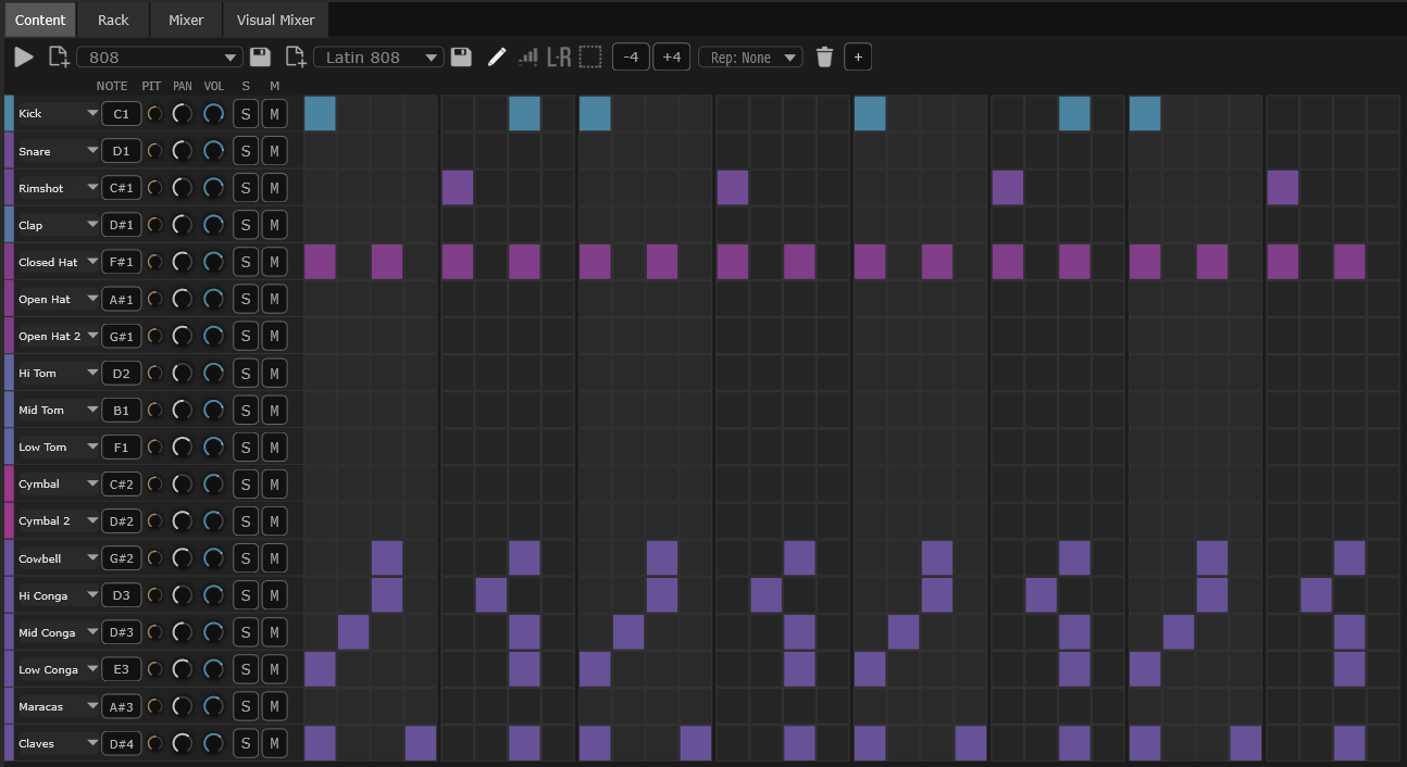 SANDYNE Beats editor showing a 16-step pattern across multiple drum lanes (Kick, Snare, Closed Hat, Cowbell, Hi Conga, Mid Conga, Claves and more) with per-step values in cyan and violet.