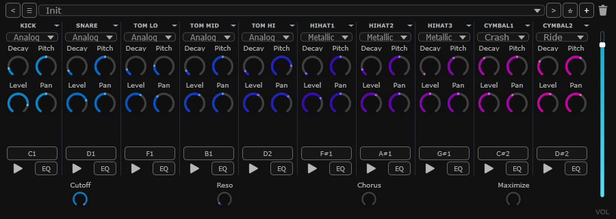 Analog Drums — synthesized drum machine UI with multiple voice slots and per-piece controls