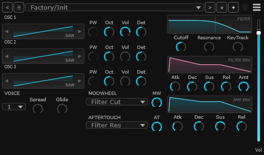 Syna — three-oscillator polyphonic synth UI