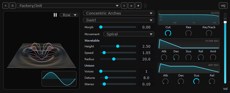 Terrain — wavetable synth UI with a 3D terrain visualizer, modulation paths, and ADSR envelopes