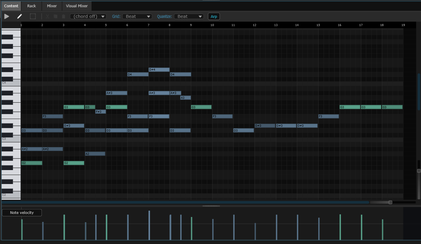 SANDYNE Piano roll editor showing 19 bars of a layered melodic part — green G/G2 notes with blue chord tones (D3, F3, A#3, D4, D#4) — over a scale-aware keyboard guide, with a Note Velocity strip below.