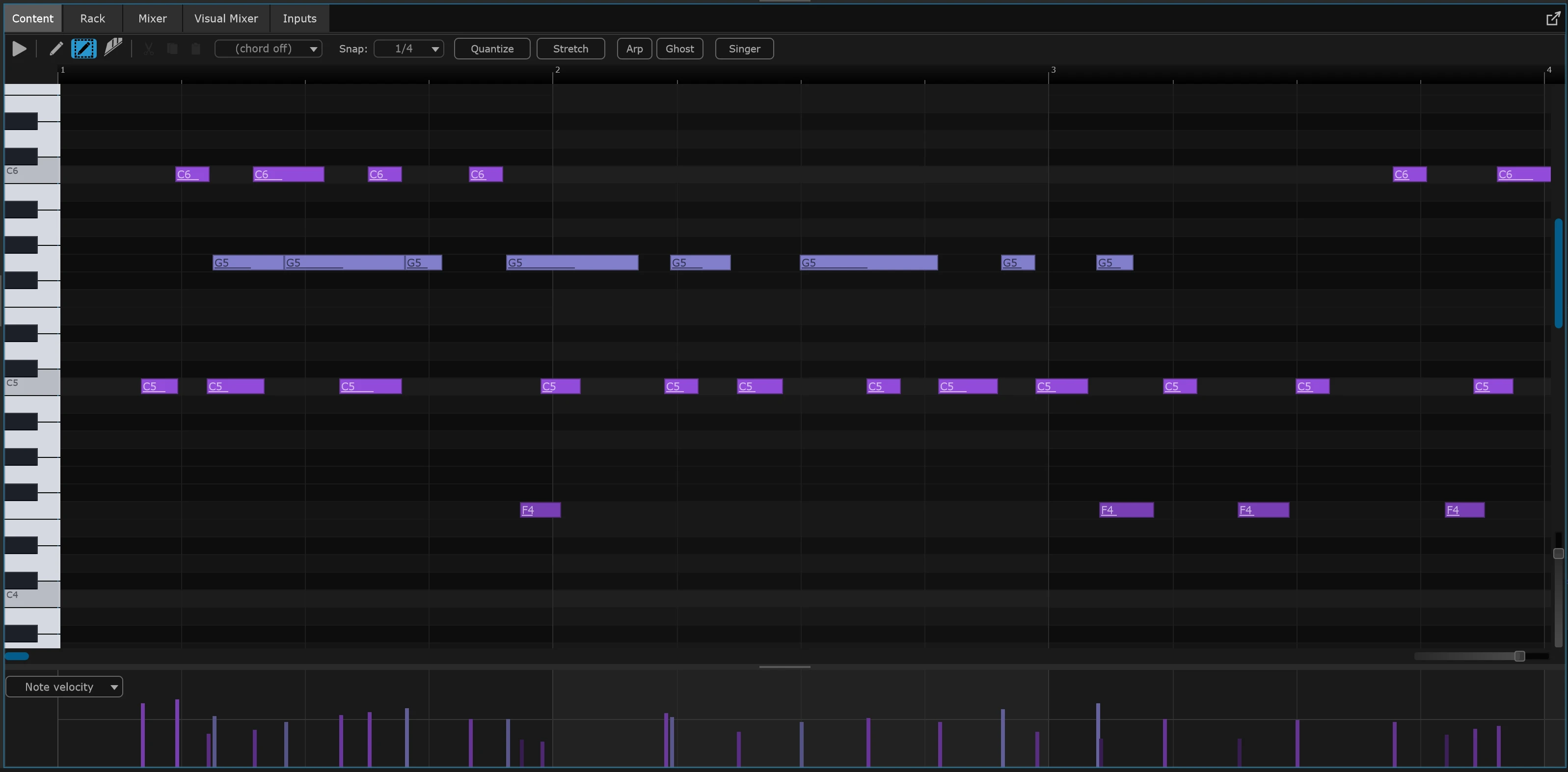 SANDYNE Piano roll editor: violet notes on C5, G5, C6 and F4 laid out across four bars beside a vertical piano keyboard, a toolbar with a chord mode menu, 1/4 snap, and Quantize, Stretch, Arp, Ghost and Singer buttons, and a Note velocity strip along the bottom.