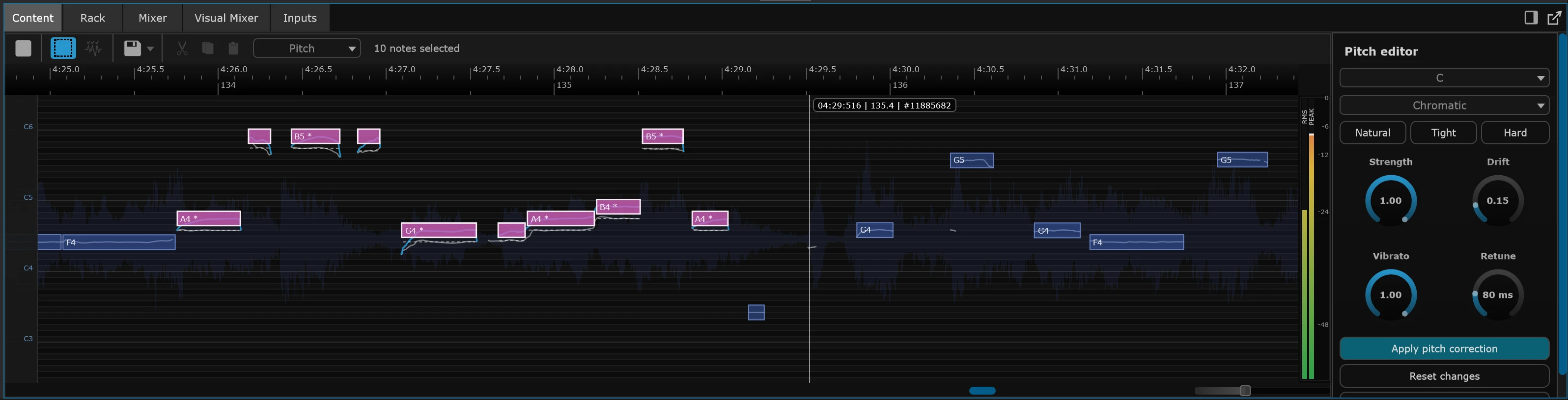 SANDYNE Pitch editor: a vocal recording with each detected note drawn as a labelled block (F4, A4, G4, B4, B5, G5) over the waveform, the sung pitch traced as a line inside each one, ten notes selected in pink, and a side panel with key and scale menus, Natural / Tight / Hard presets, Strength, Drift, Vibrato and Retune knobs, and Apply pitch correction and Reset changes buttons.