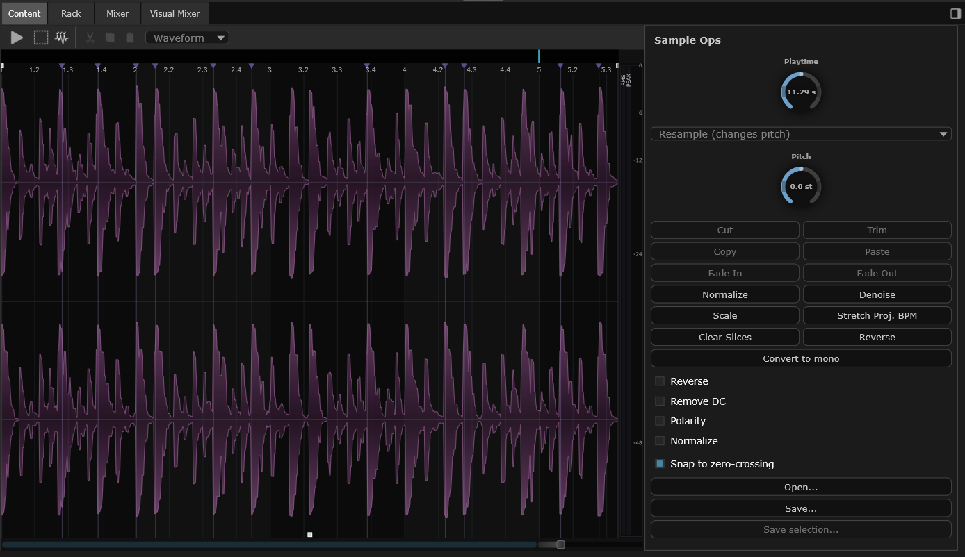 SANDYNE Sample editor with a stereo waveform showing five bars of percussive audio, ruler bar with beat markers, and a Sample Ops panel on the right with cut, trim, fade, normalize, denoise, scale, stretch, and zero-crossing controls.