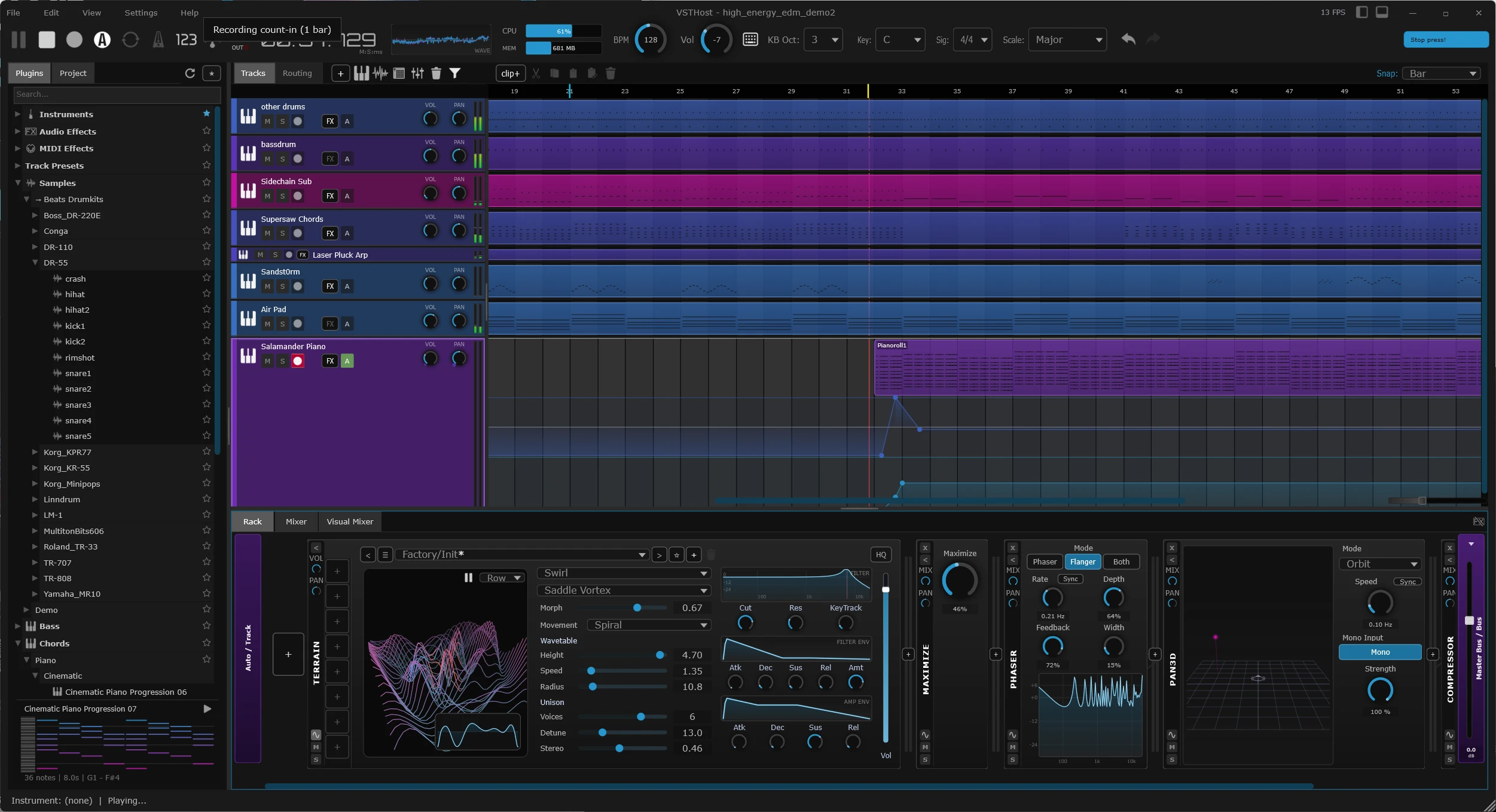 SANDYNE main window: track list with eight colored instrument tracks (drums, bass, sub, chords, arp, sandst0rm, pad, piano), an automation lane snaking across the timeline, the Plugins/Samples browser on the left, and a full Rack panel along the bottom showing a Terrain wavetable synth, Maximize, Phaser, Pan3D and Compressor modules.