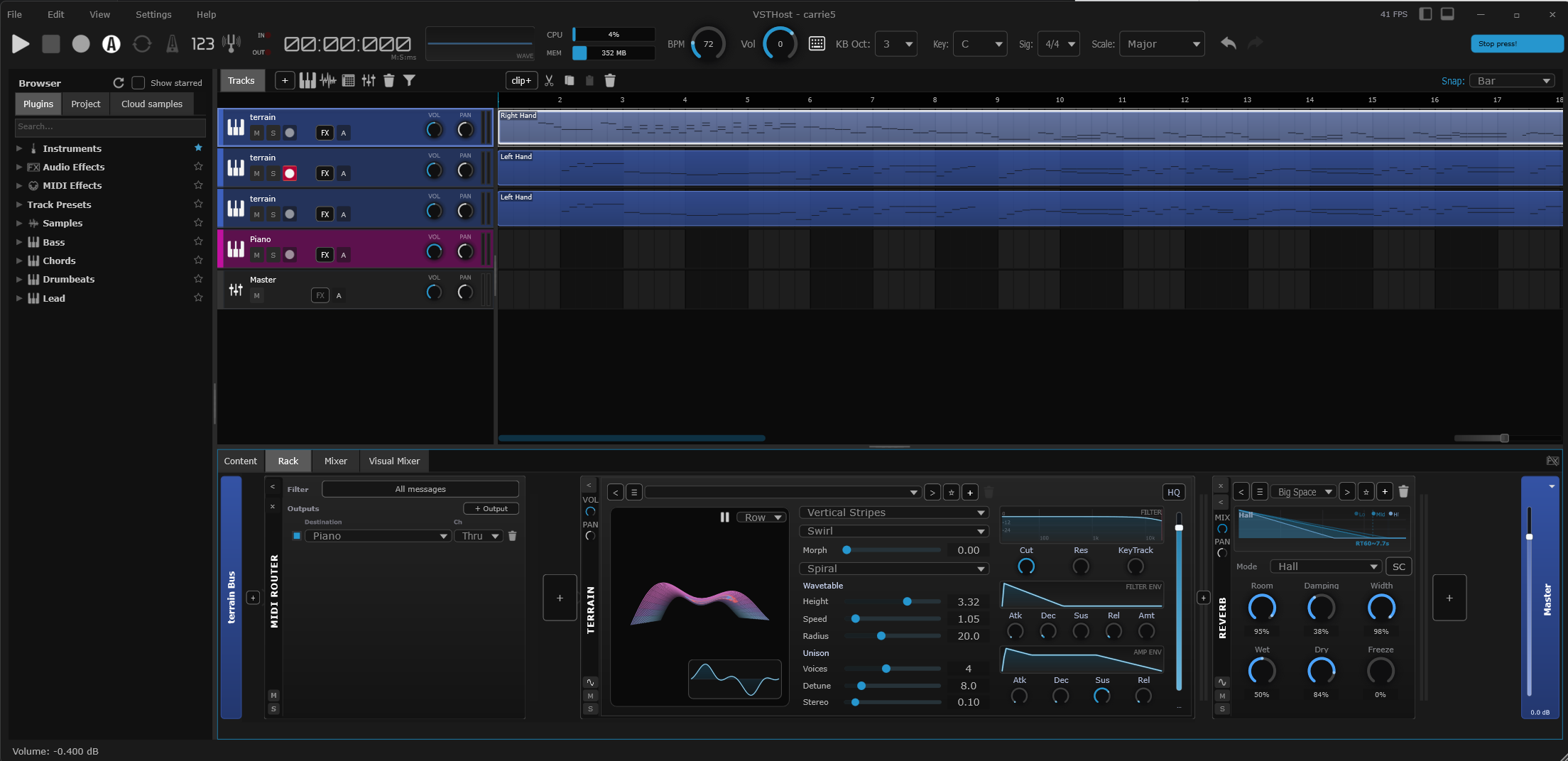 SANDYNE showing arrangement view with three Terrain instrument tracks, a Piano track, the Rack panel with MIDI router, a Terrain wavetable plugin and a Reverb plugin, plus the Master strip.