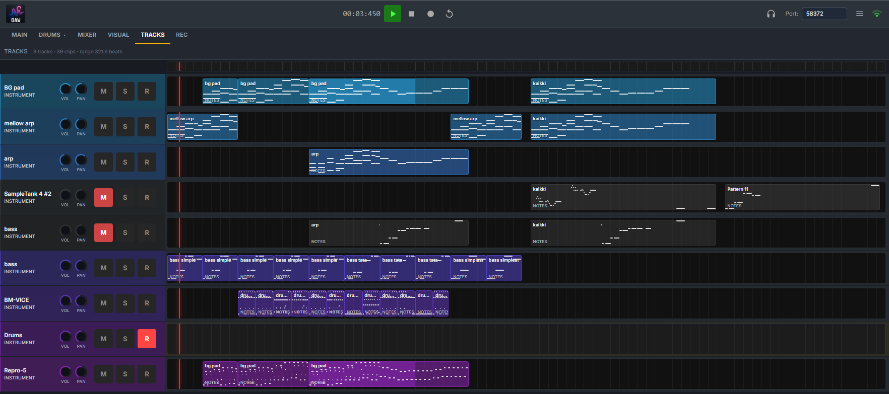 SANDYNE web interface showing the TRACKS view in a browser: 9 colored instrument tracks (BG Pad, mellow arp, arp, SampleTank, two basses, BM-VICE, Synth pad, Repro-5) with MIDI clips laid out along the timeline, transport controls and port number at the top.