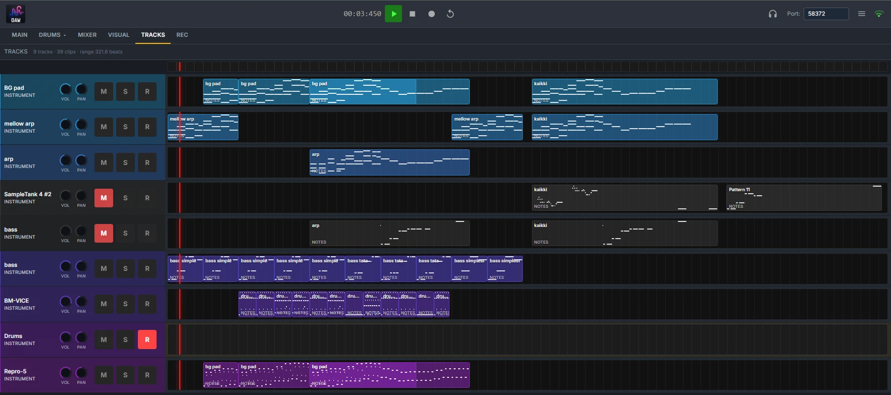 SANDYNE web interface showing the TRACKS view in a browser: 9 colored instrument tracks (BG Pad, mellow arp, arp, SampleTank, two basses, BM-VICE, Synth pad, Repro-5) with MIDI clips laid out along the timeline, transport controls and port number at the top.